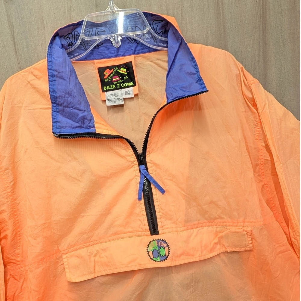 Vintage Daze 2 Come Mens Large Neon Orange Purple Quarter Zip Anorak Windbreaker